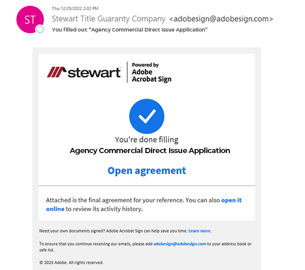 Agency Commercial Direct Issue Adobe Sign email verification of submission