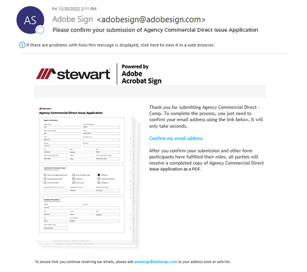 Agency Commercial Direct Issue Adobe Sign email confirmation