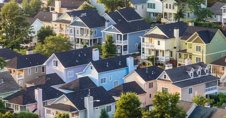 Arial view of a suburb tightly crowded with houses