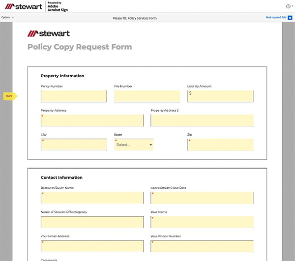 Adobe 서명 정책 사본 요청 양식 - 1단계 양식 작성